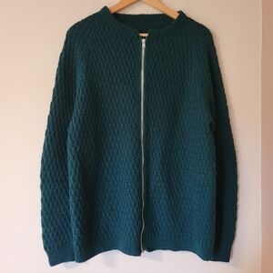 Vintage Handmade Wool Knit Cardigan Sweater Zip Front Dark Green Size Large